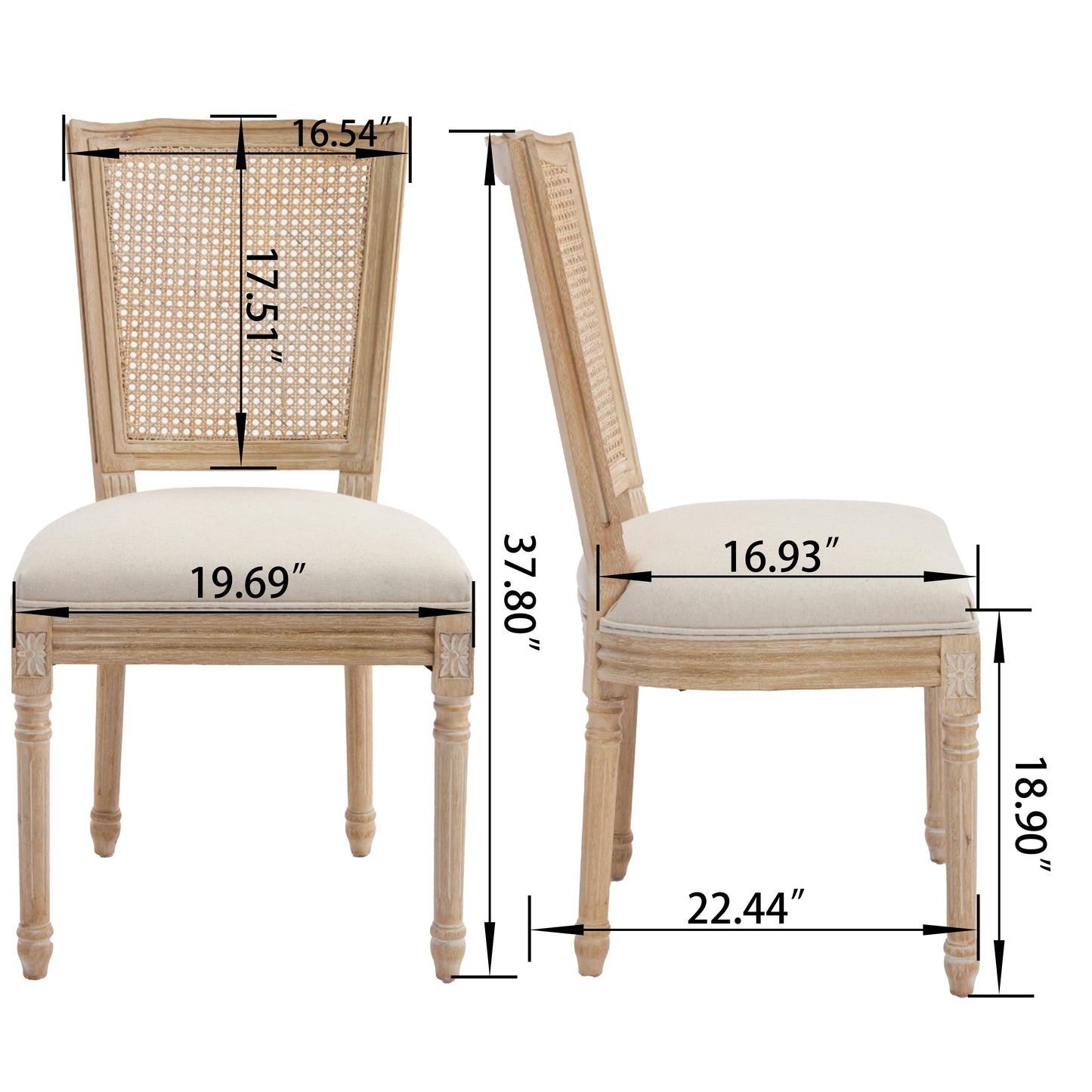 French Country Dining Chairs Set of 2 - Upholstered Rattan Back