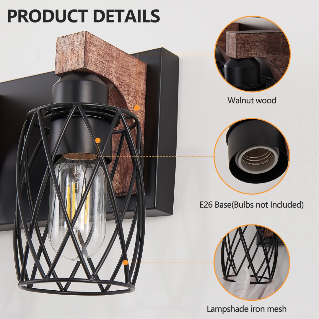 Vintage Industrial 7-Light Wall Sconce - Black Cage & Wood Accents