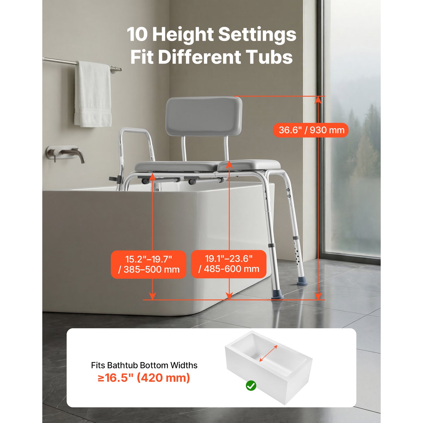 Heavy Duty Shower Bench with Arm & Backrest - 500 Lbs Capacity, Height Adjustable Bathroom Seat for Adults & Seniors
