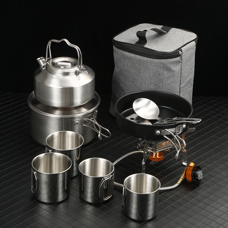 Portable Outdoor Cookware Set with Folding Pans & Windproof Gas Stove