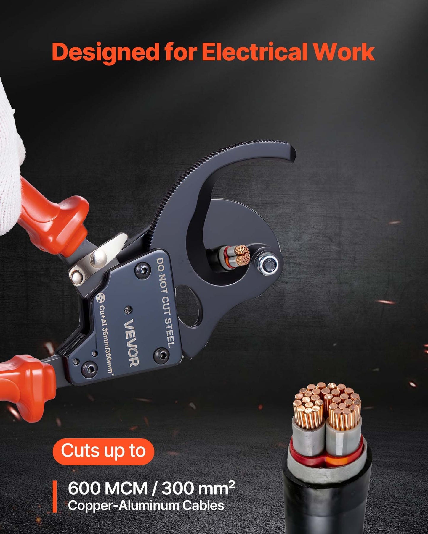 Heavy Duty Ratchet Cable Cutter for Copper & Aluminum Wires - 600 MCM, Insulated Handles