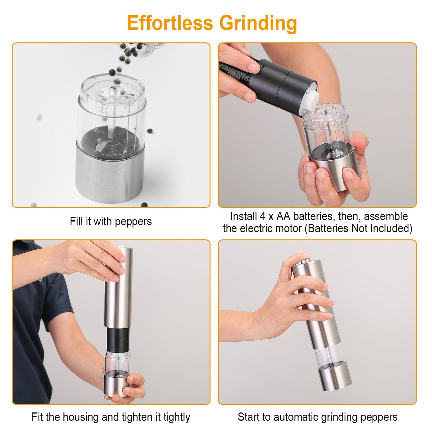 Electric Salt and Pepper Grinder Set - Adjustable Coarseness, Stainless Steel