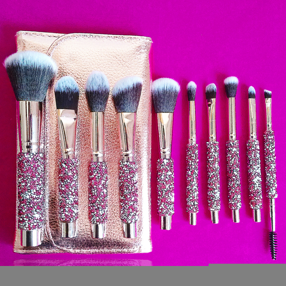 10-Piece Diamond Inlaid Makeup Brush Set with Storage Bag - Pink