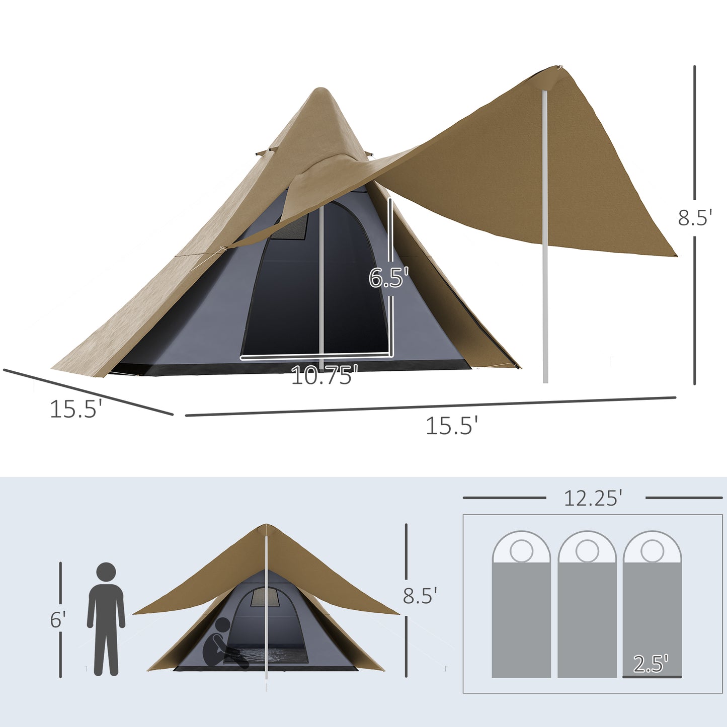 Waterproof Teepee Tent with Porch Area for 2-3 Persons - Coffee