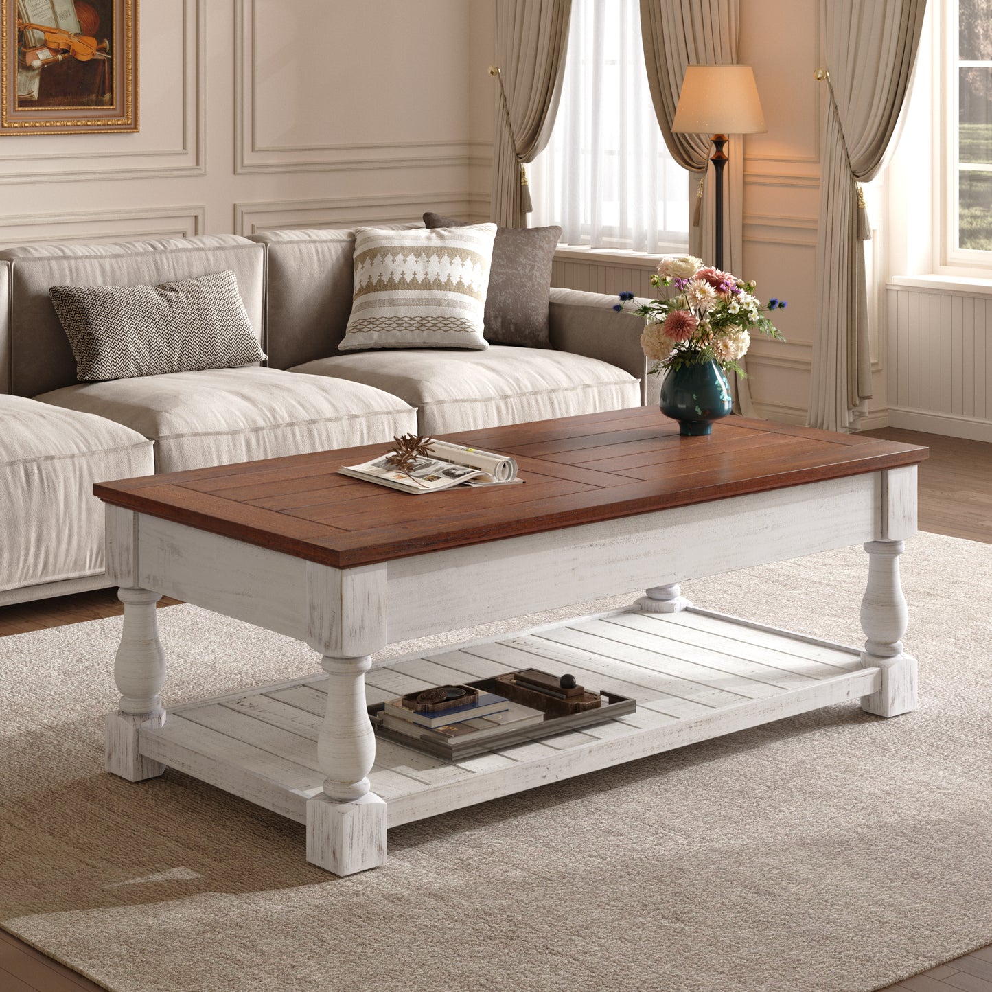 Retro Lift-Top Coffee Table with Storage - Antique Espresso & White