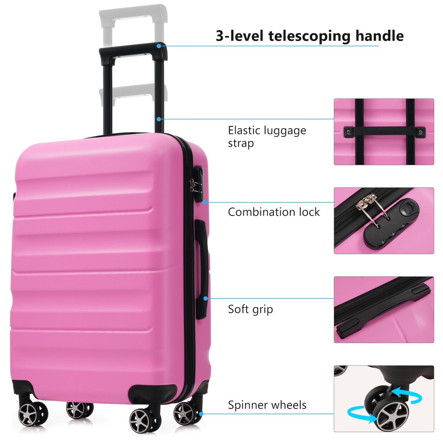 Lightweight Hardshell ABS Luggage Set - Pink, 4 Sizes for Travel