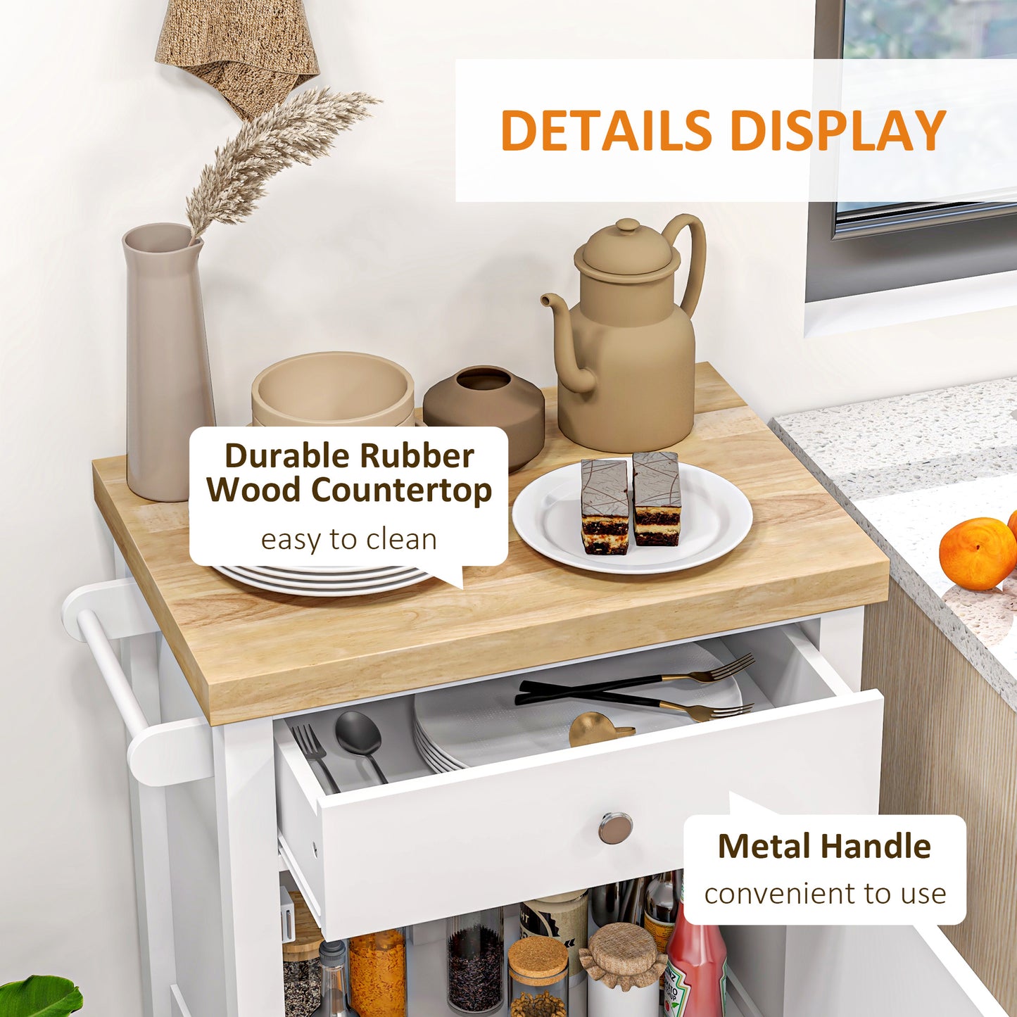 Rolling Kitchen Cart with Rubberwood Top, Drawer, and Wine Rack - White