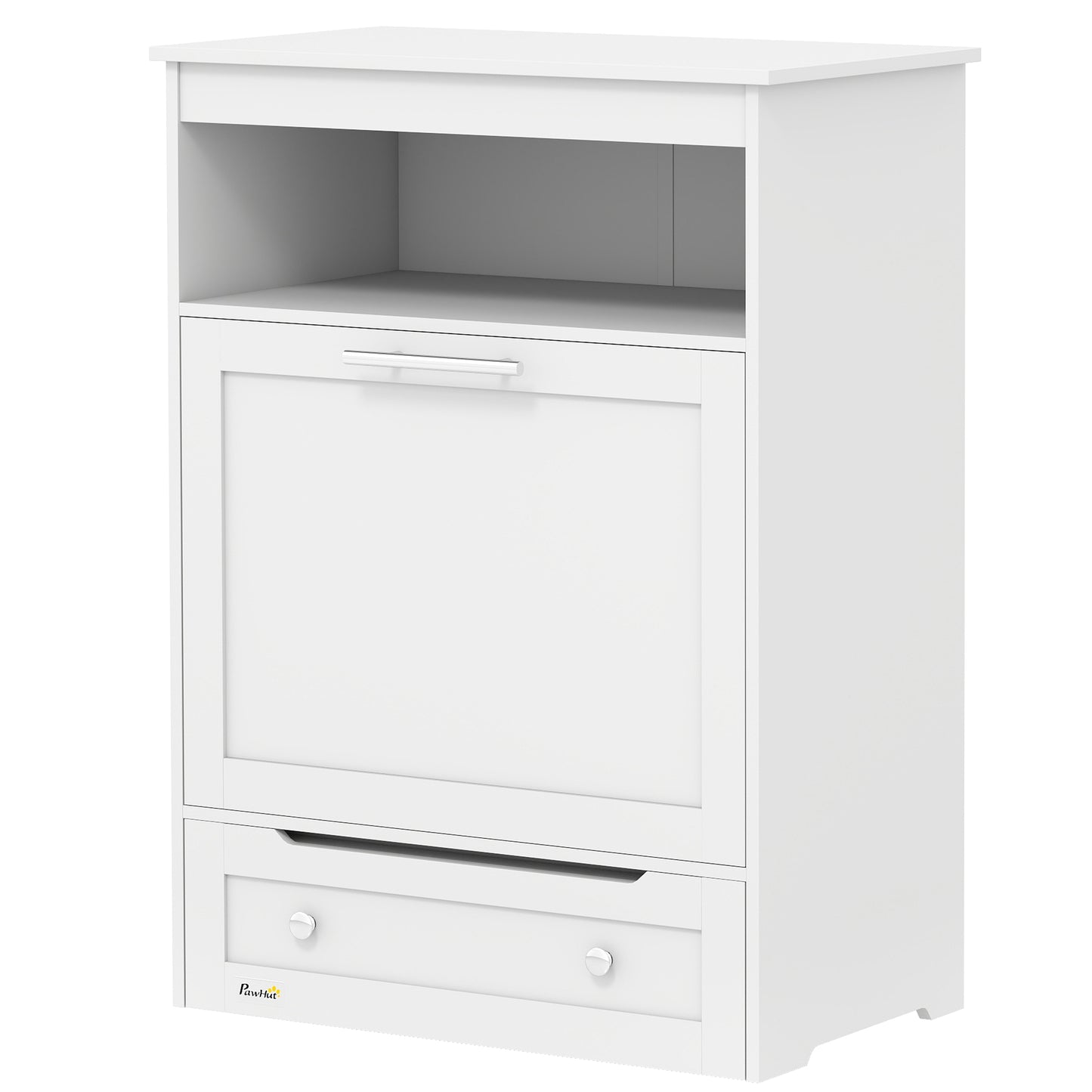 Pet Food Storage Cabinet with Raised Bowls and Storage Shelves - White