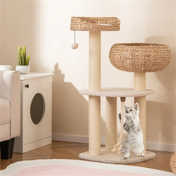 41 Inch Hand-Woven Water Hyacinth Cat Tree with Sisal Scratching Posts - Multi-Level Activity Center for Cats