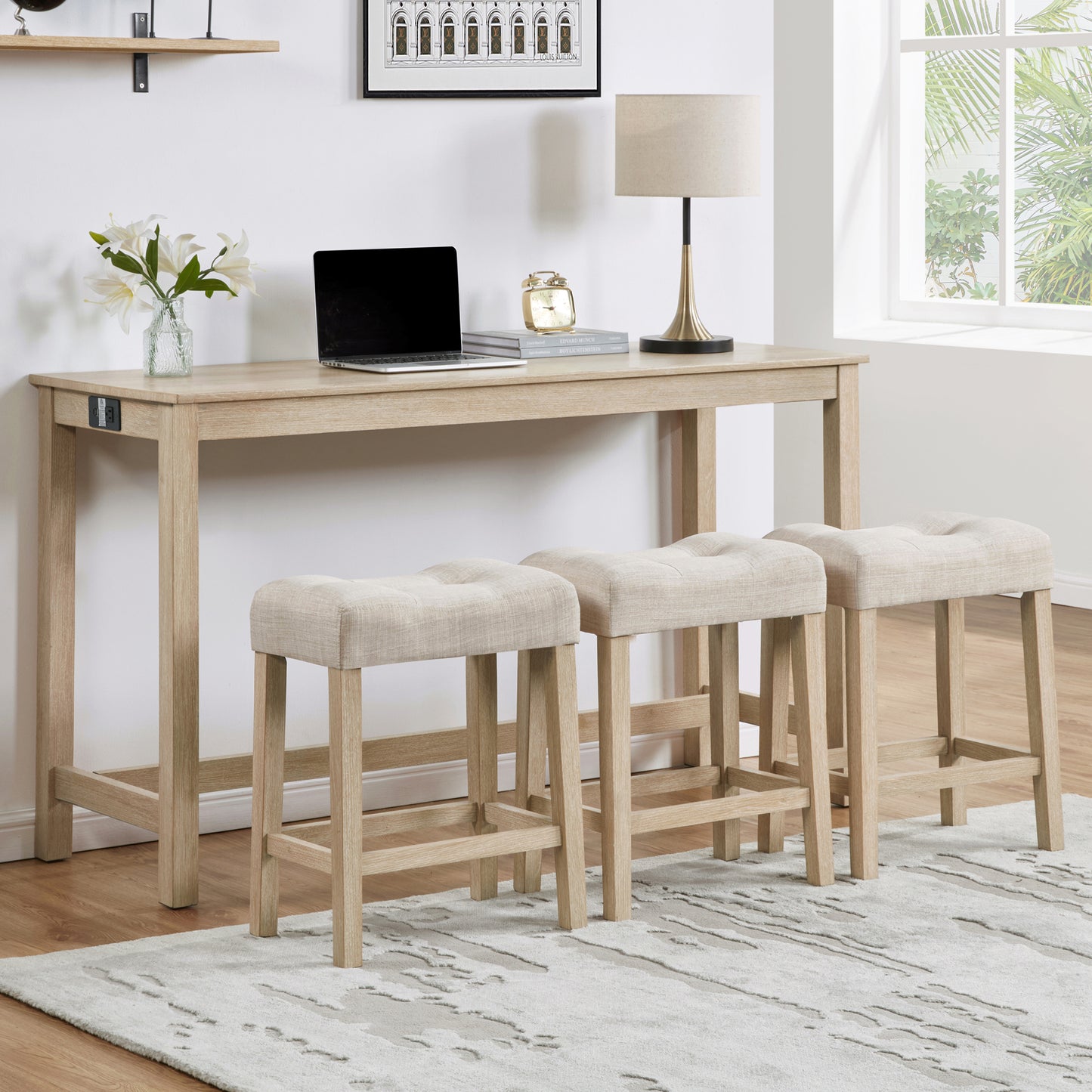 Bar Table Set with Power Outlet & 3 Stools - Light Oak