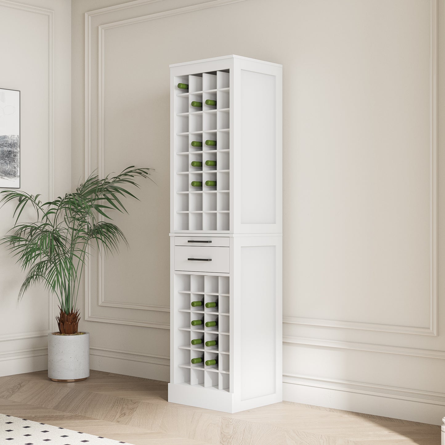 Modular 32-Bottle Wine Bar Cabinet - Brown Walnut & White
