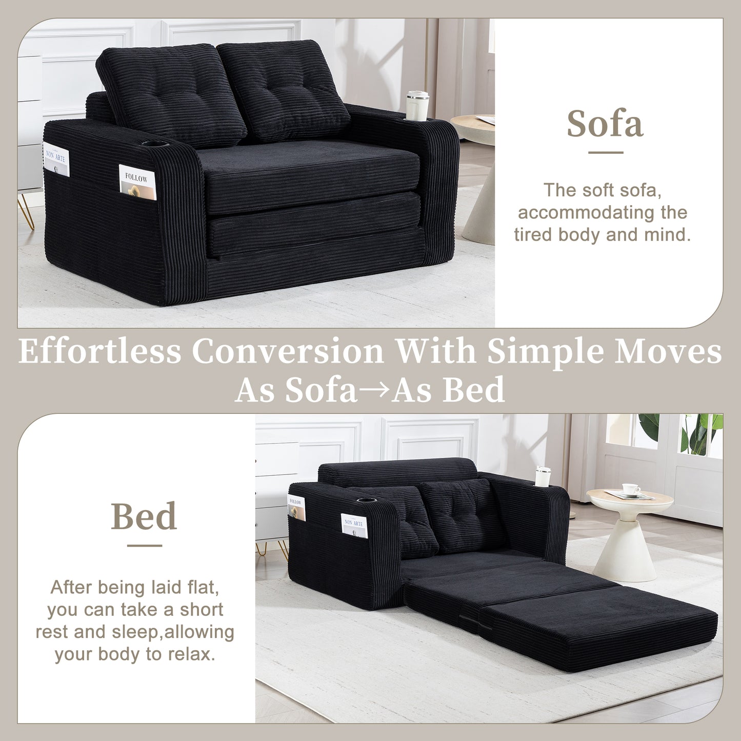 Convertible Sofa Bed - Expandable 2-in-1 Floor Couch with Pillows - Black