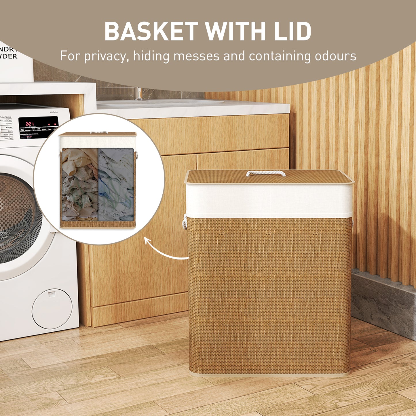 Bamboo Double Laundry Basket with Lid - 26.4 Gallon, Brown