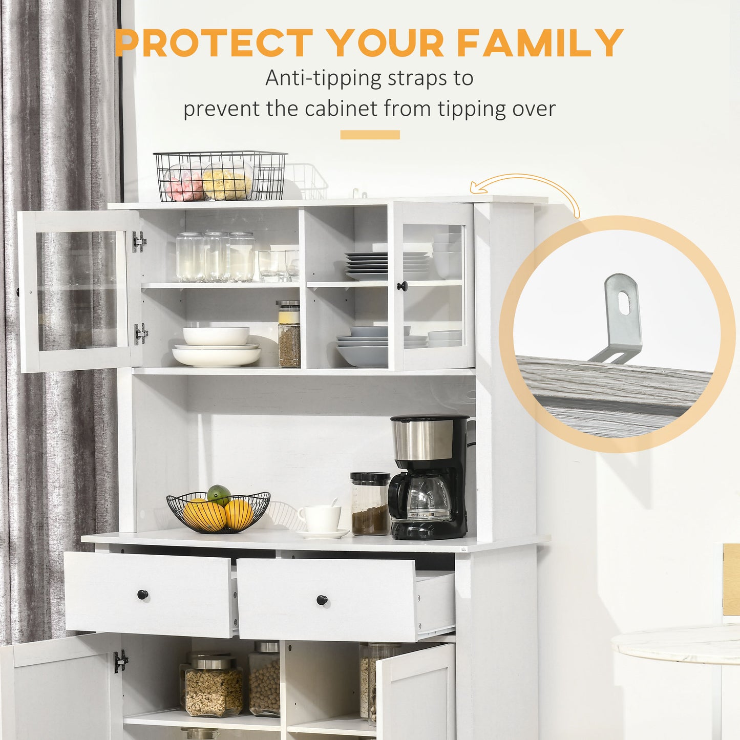 63.5" Kitchen Buffet with Hutch, Pantry Storage Cabinet 4 Shelves,