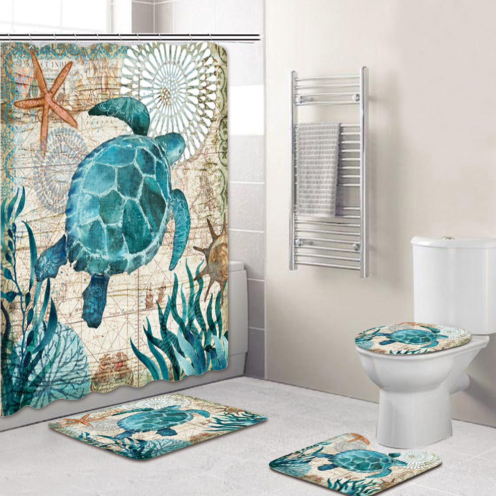 Bathroom Shower Curtain and Floor Mat Set Ocean World Printing - 4 Piece