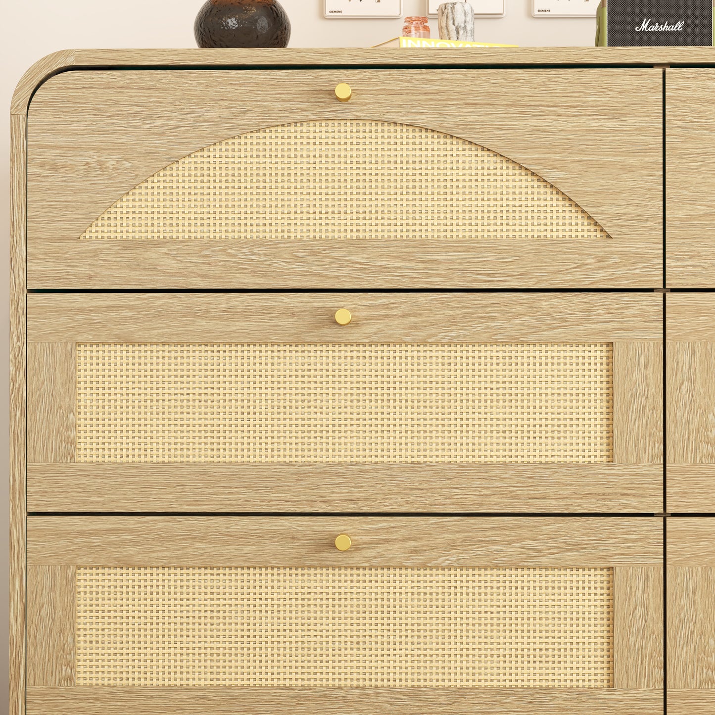 Natural 8-Drawer Dresser with Rattan Front - Wide Storage Cabinet