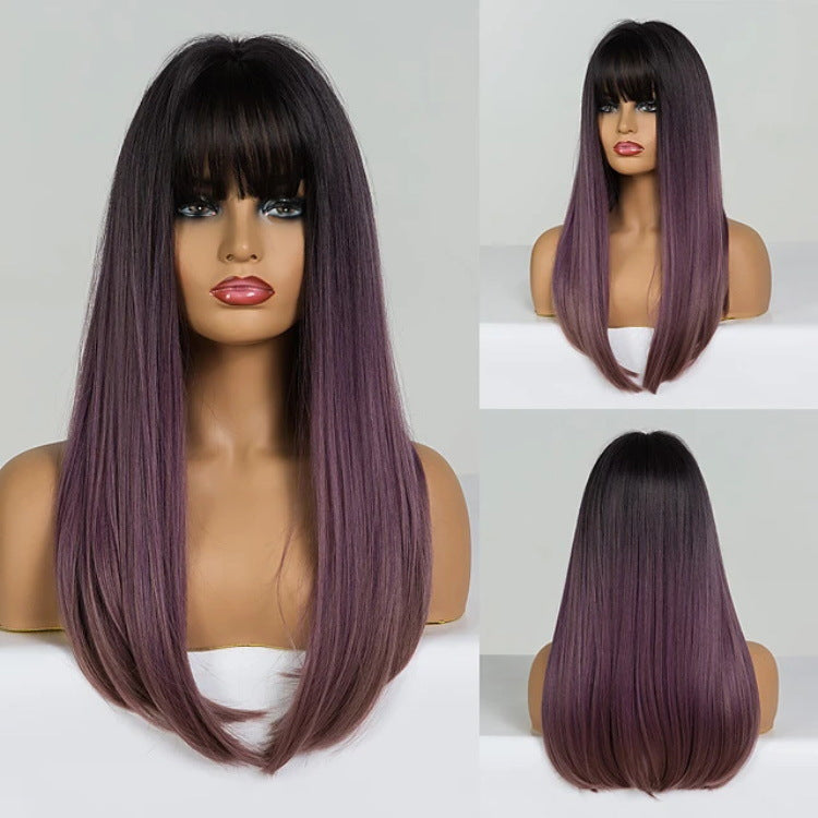 Long Straight Wig with Bangs - Black Gradient & Purple, K207, 70cm