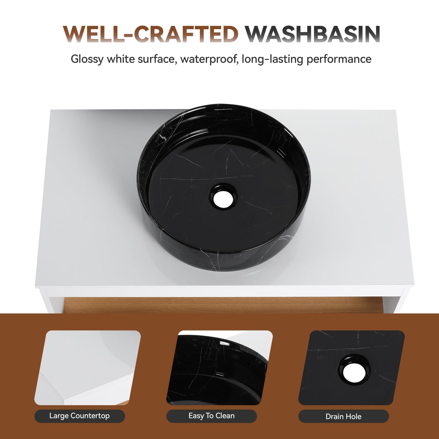 36" Wall-Mounted Bathroom Vanity with Black Marble Sink