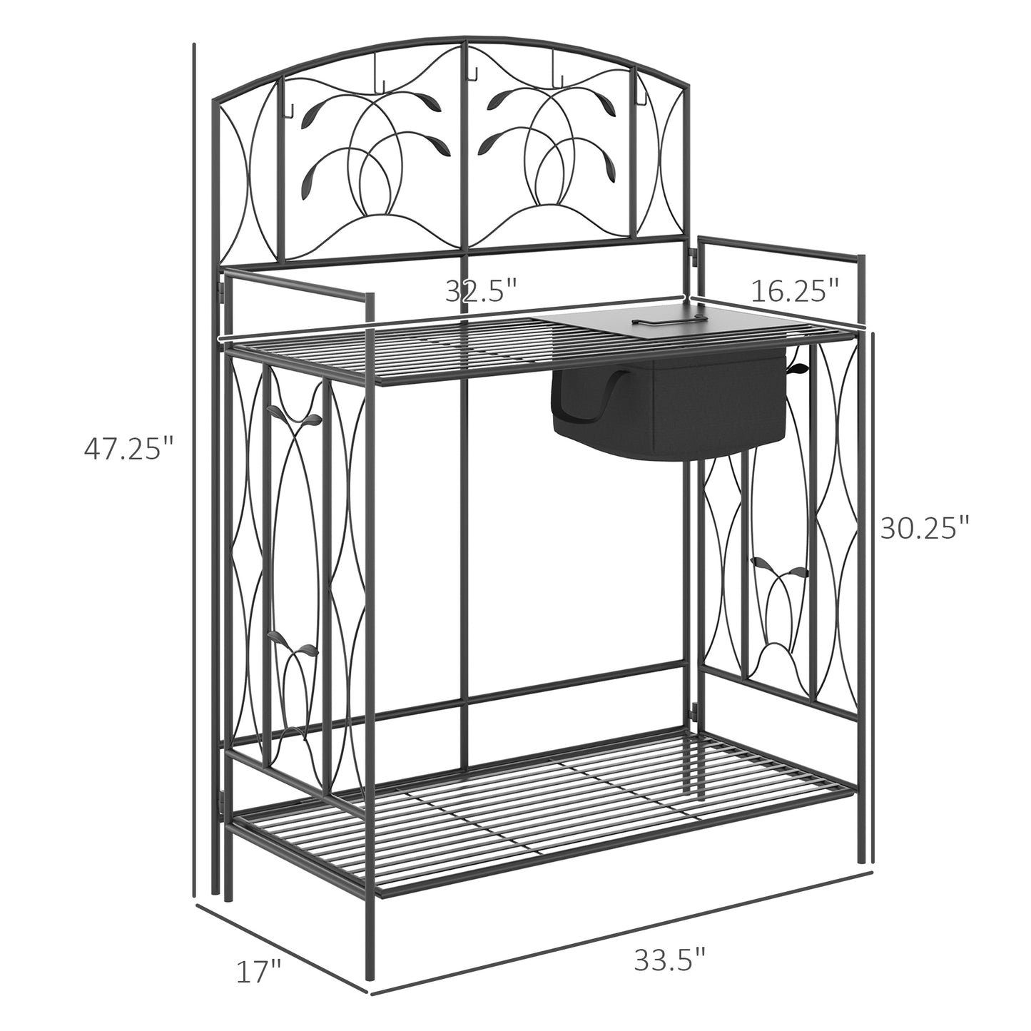 Folding Garden Potting Bench Table with Storage Bag and Hooks - Black, 1285x860mm