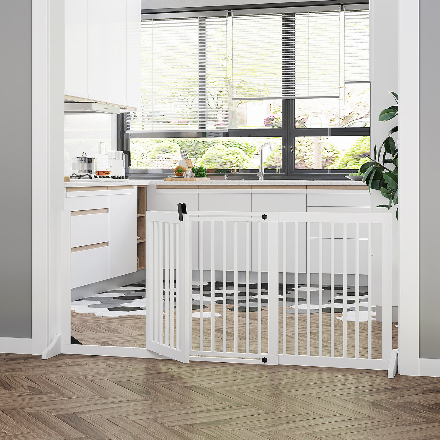Adjustable Wooden Pet Gate with Lockable Door, 3 Panels, Freestanding, White