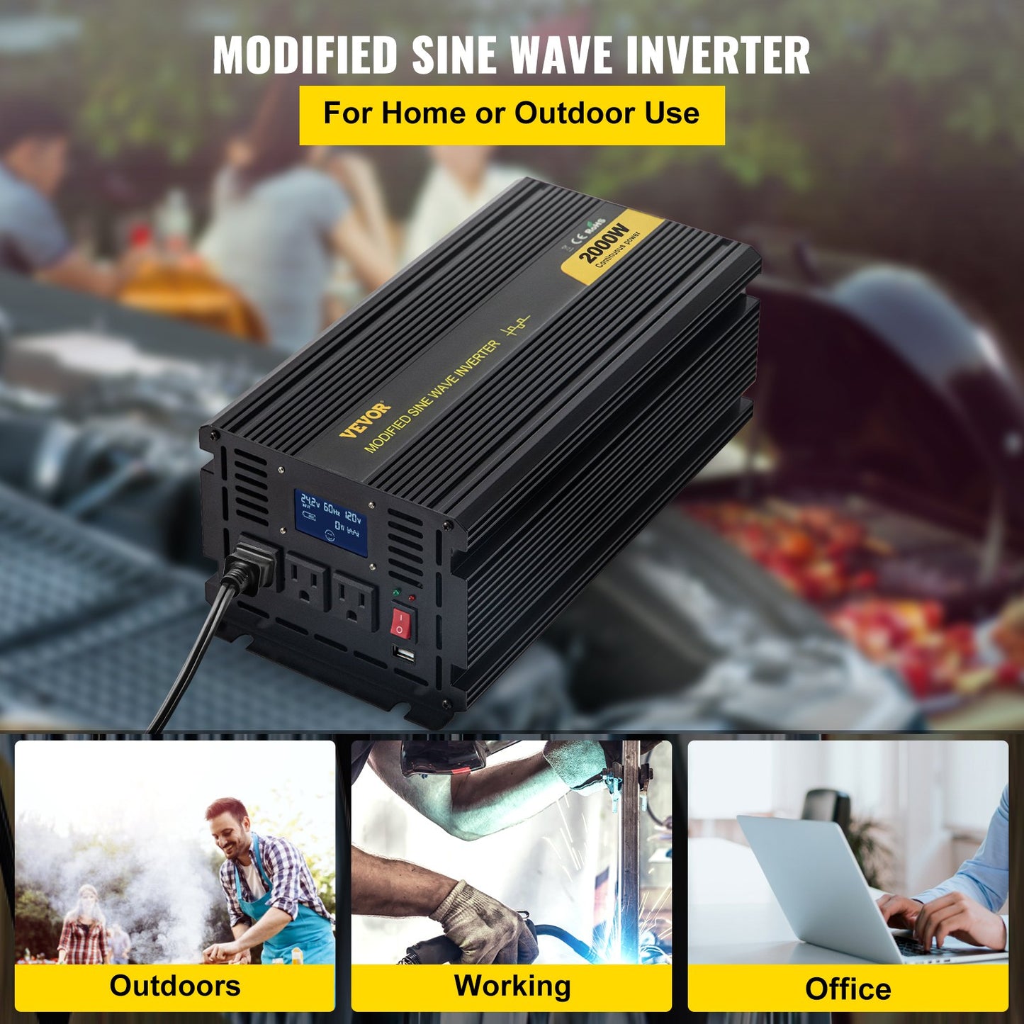 2000W Modified Sine Wave Power Inverter for Car RV Truck Boat Camping - DC 12V to AC 120V with LCD Display & Remote