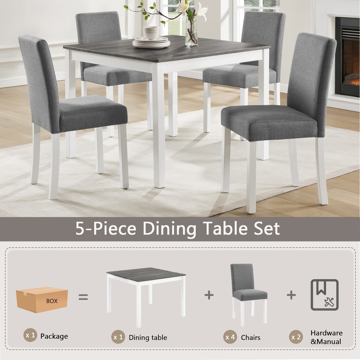 5-Piece Wooden Dining Table Set with 4 Chairs - Grey & White