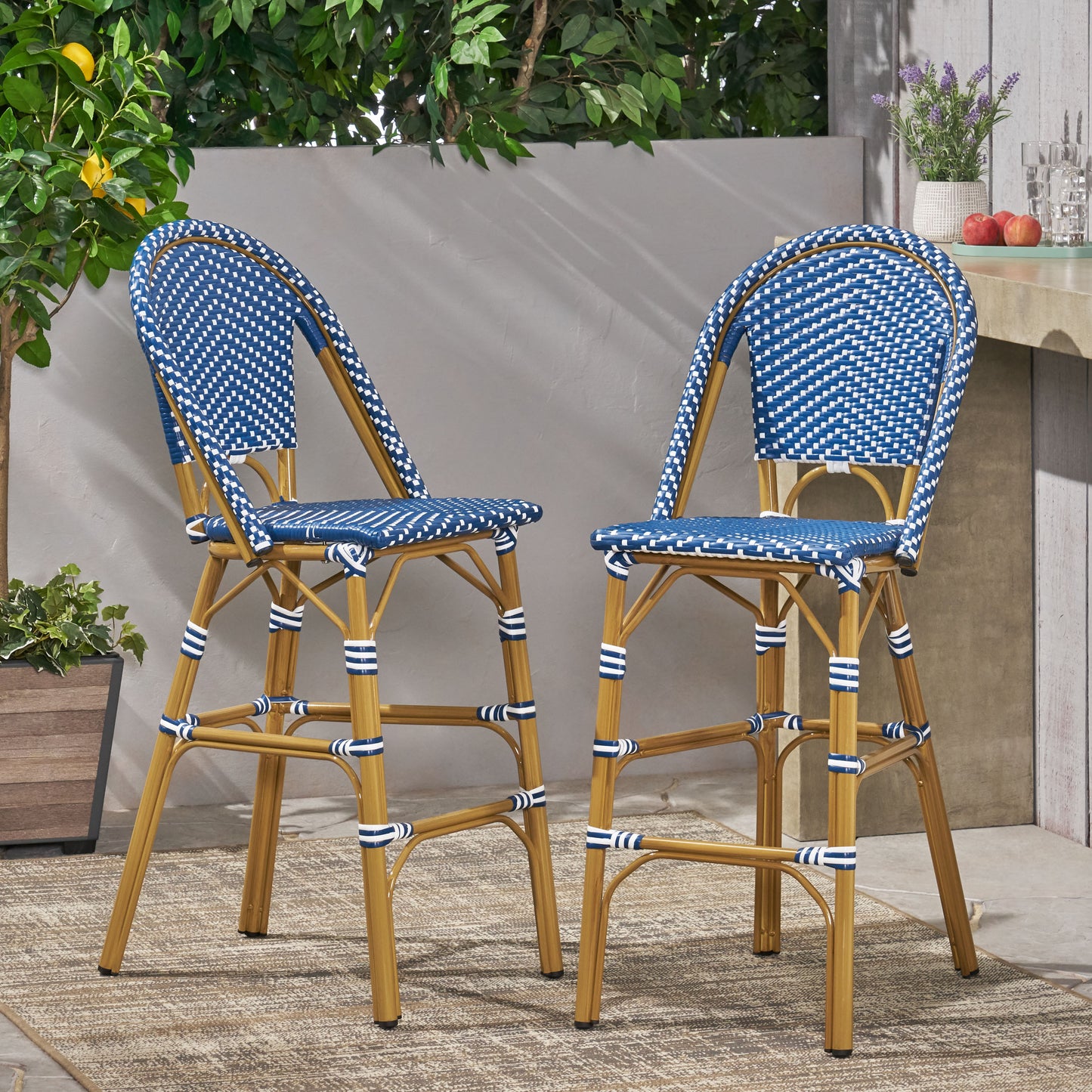 29.5 Outdoor PE Rattan French Barstool, Dark Teal And White, Aluminum