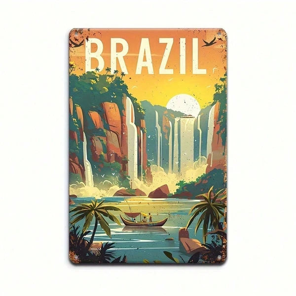 Vintage Iguazu Falls Metal Sign - Retro Brazilian Wall Art