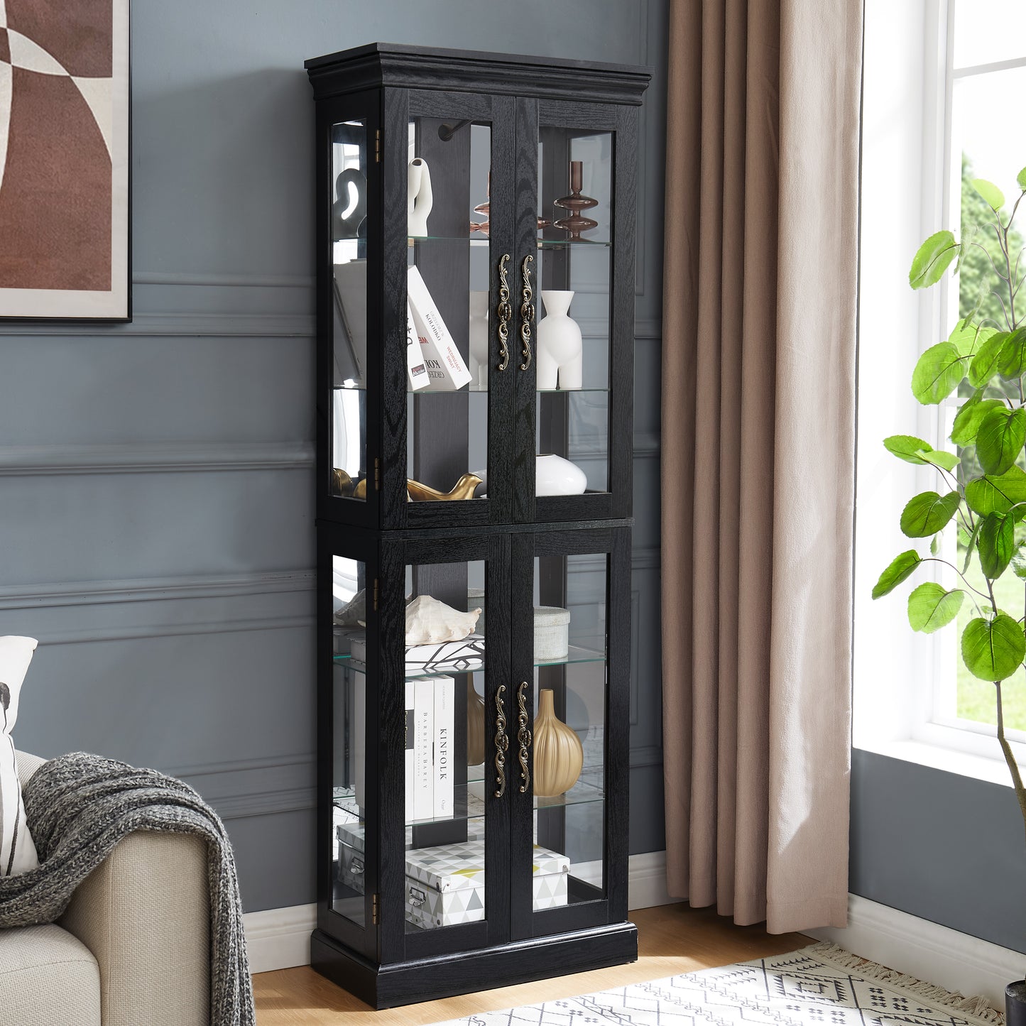 Elegant Lighted Glass Curio Display Cabinet - Wooden Frame Storage