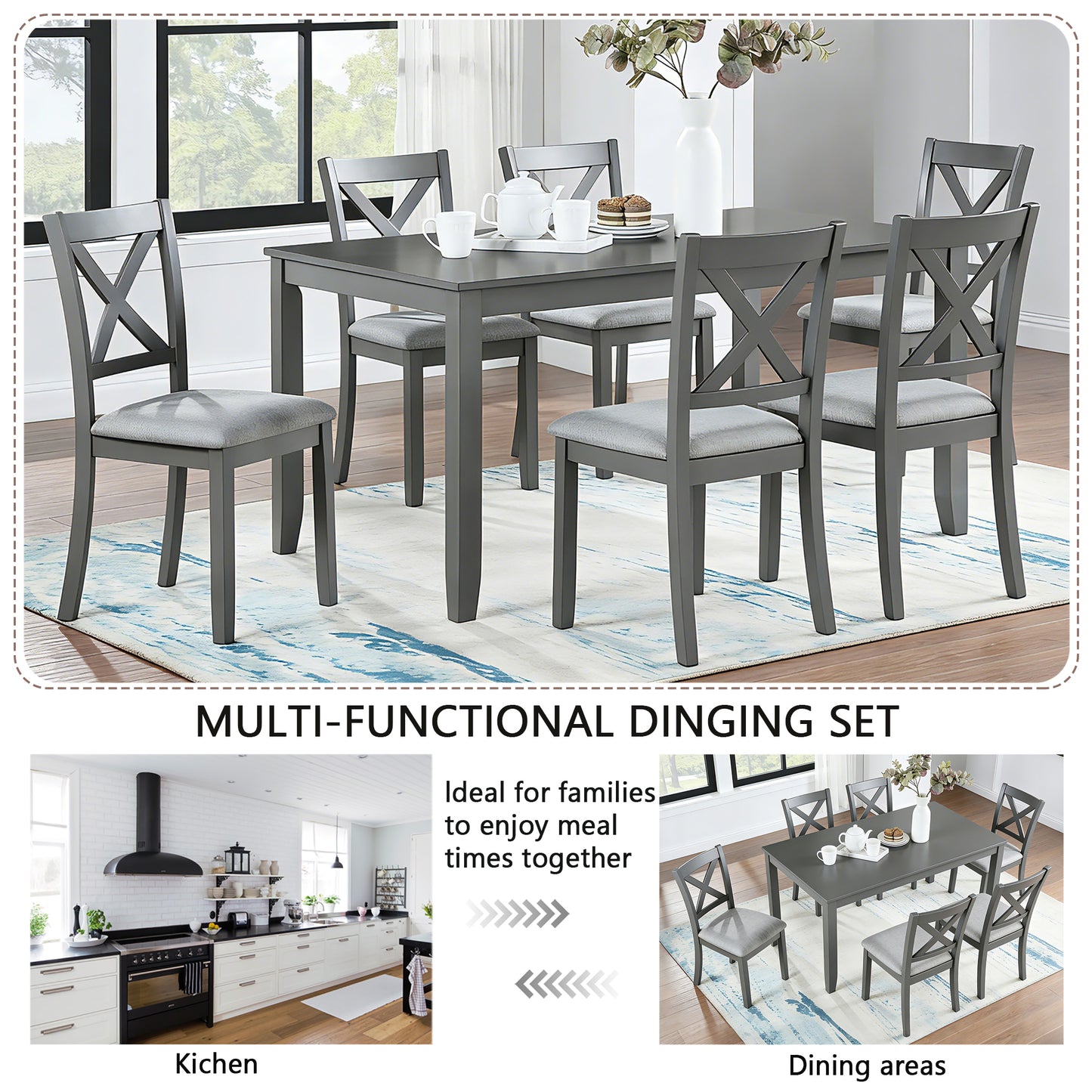 Modern 7-Piece Solid Wood Dining Table Set with 6 Chairs - Grey