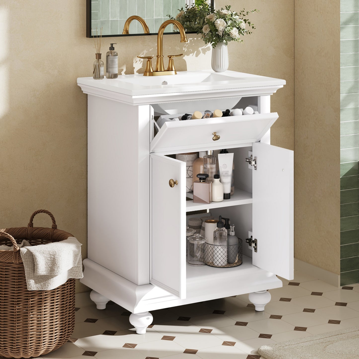 24" Modern Bathroom Vanity with Tip-Out Drawer - White