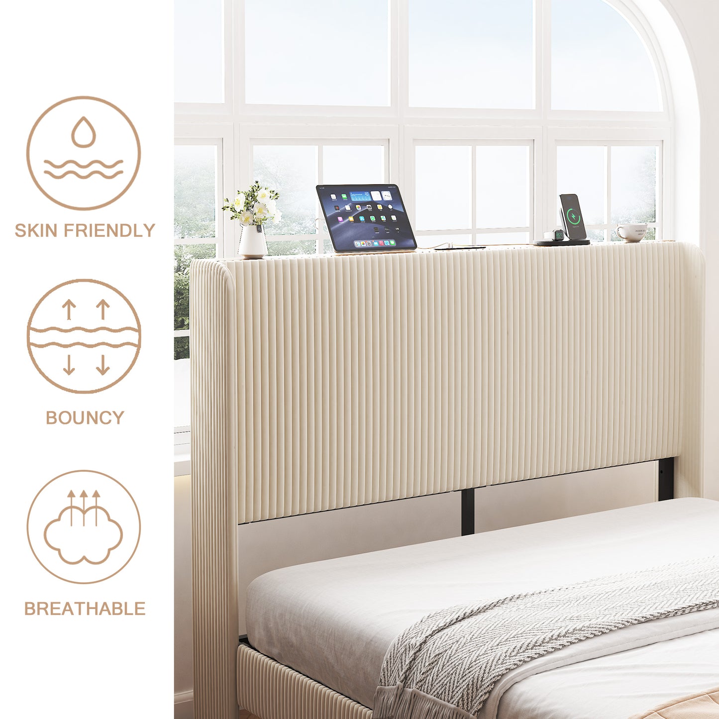 Queen Metal Platform Bed Frame with Charging Station - Beige