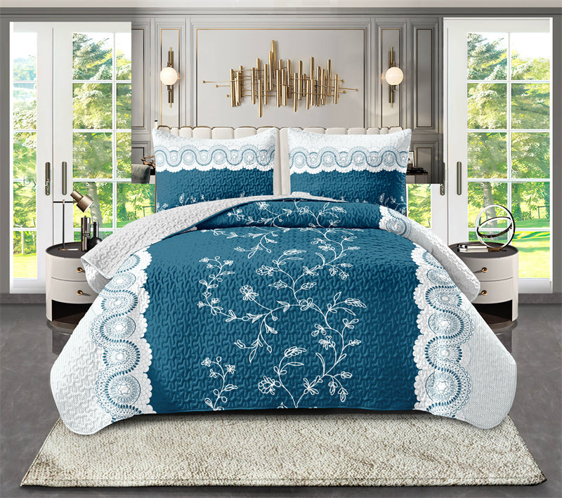 Teal Floral Quilt Set - 3-Piece Bedding with Pillow Shams