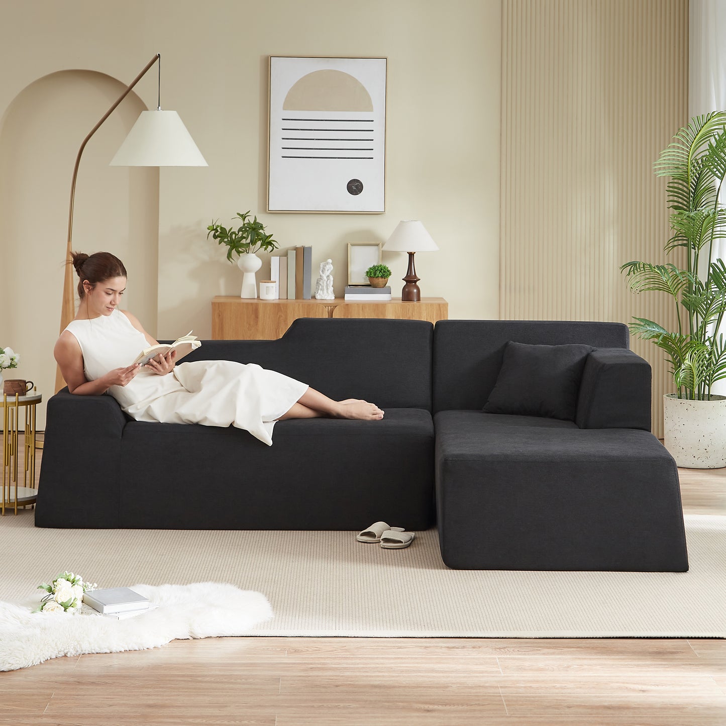 L-Shaped Modern Minimalist Corduroy Sofa - Black