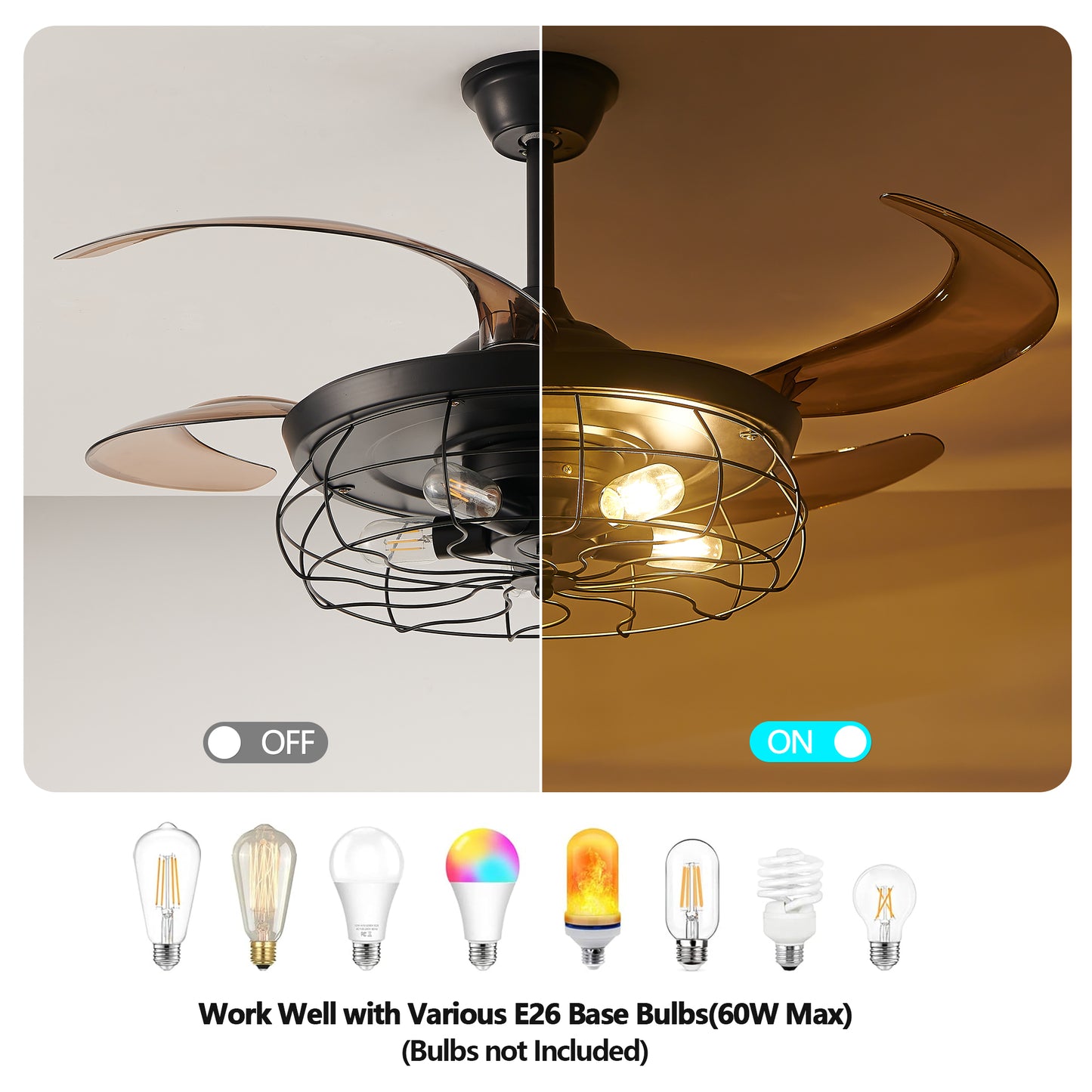 Black Remote Control Ceiling Fan - Industrial 4-Blade Design