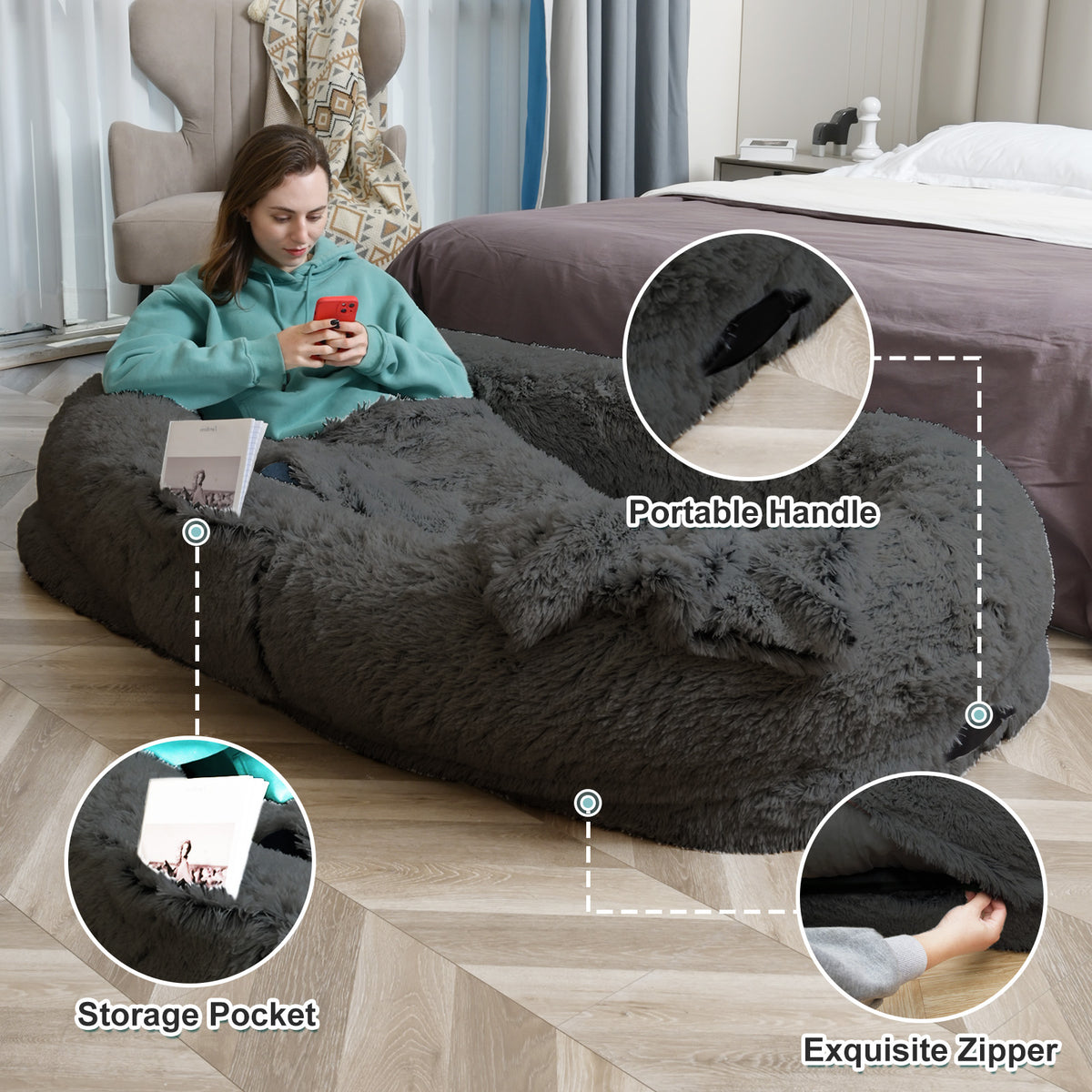 Large Washable Faux Fur Dog and Human Lounge Bed with Orthopedic Support, Pillow & Blanket