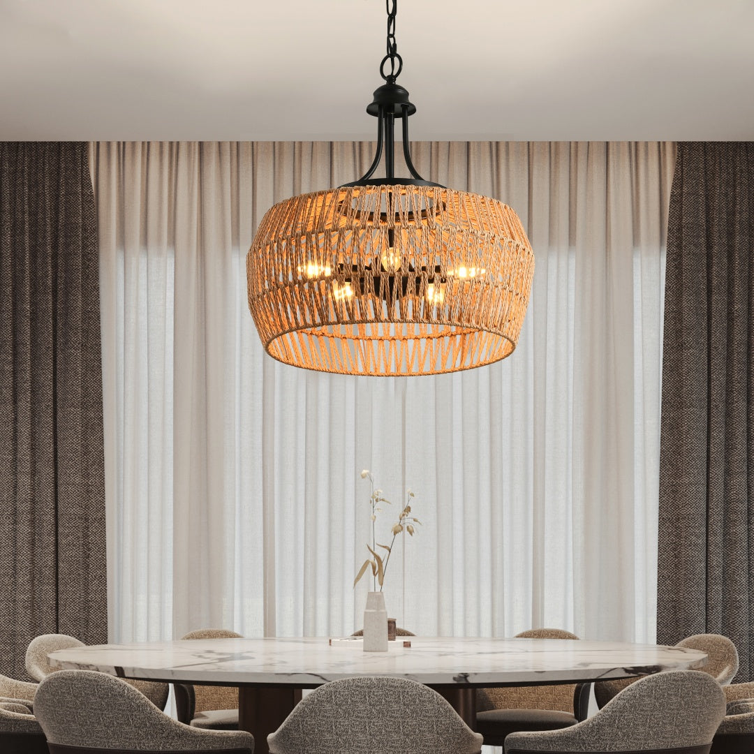 Boho Hemp Rope Pendant Light - Hand-Woven Jute Ceiling Fixture