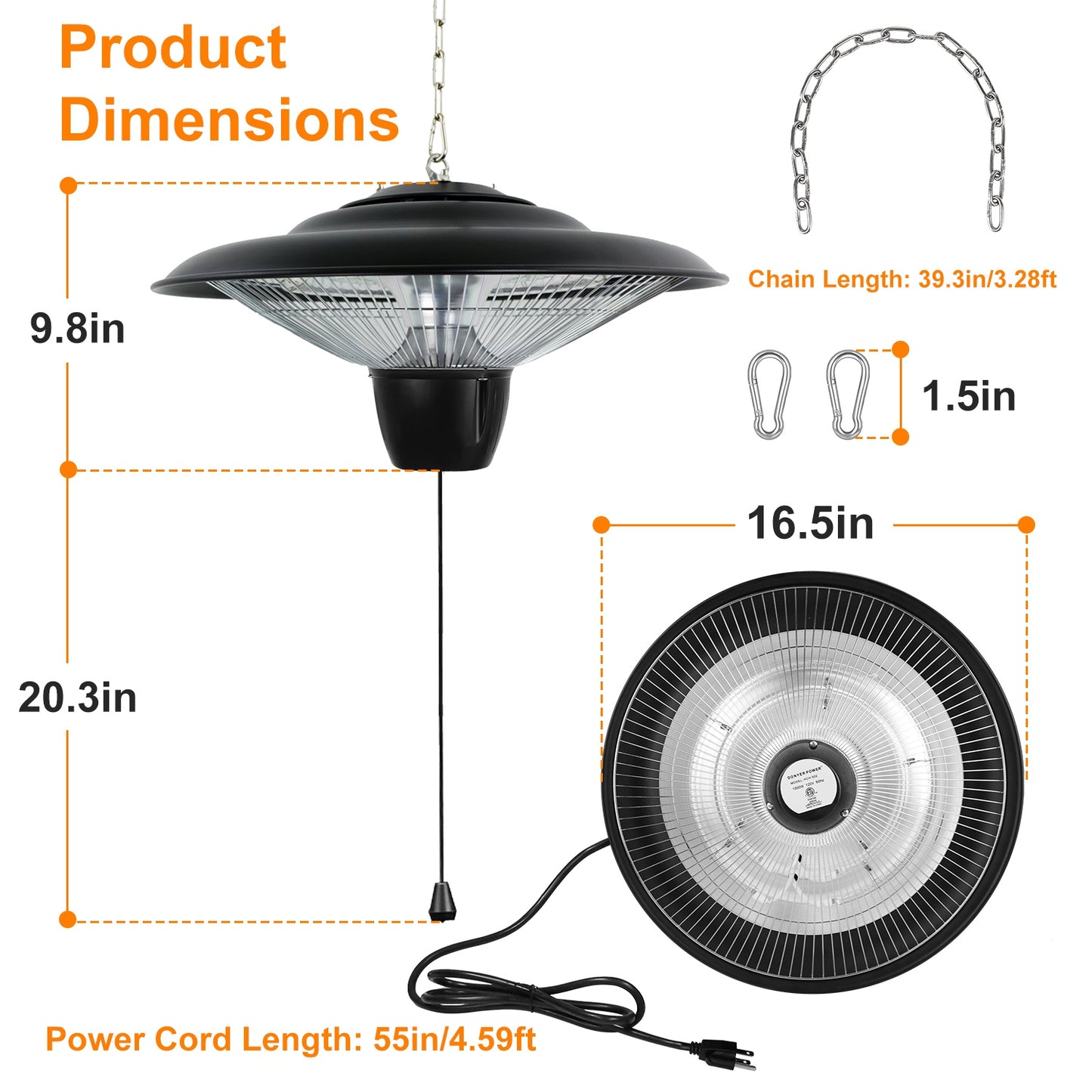 1500W Outdoor Hanging Patio Heater with Waterproof IP23 & Quiet Operation