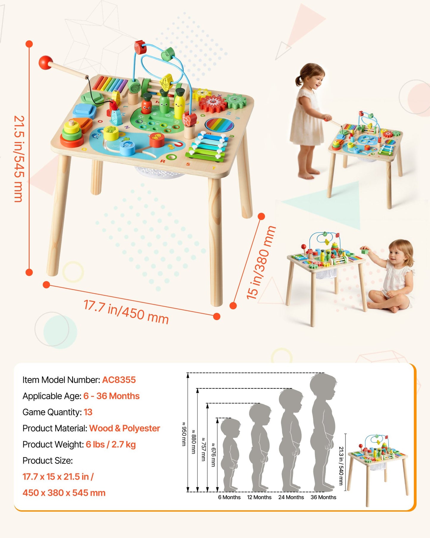 Wooden Montessori Activity Table for Toddlers 6+ Months - 13-in-1 Learning Desk, Baby Play Center