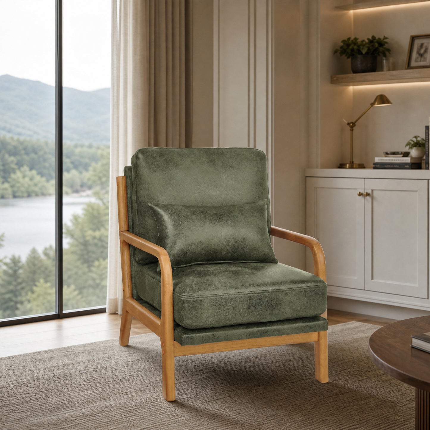 Mid-Century Modern Wooden Lounge Chair - Olive Green