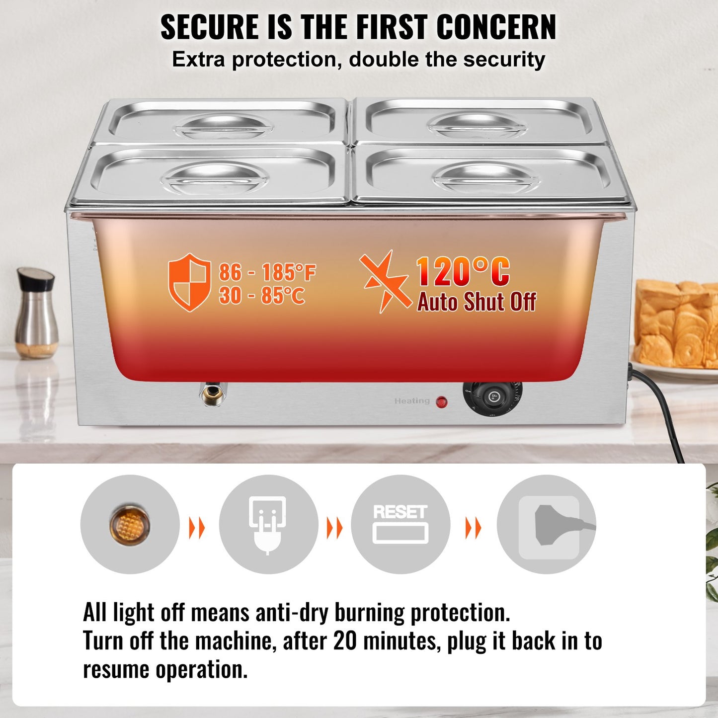 Commercial Food Warmer 4-Pan Countertop Buffet Bain Marie 15.9QT - Stainless Steel, Adjustable Temperature, Silver