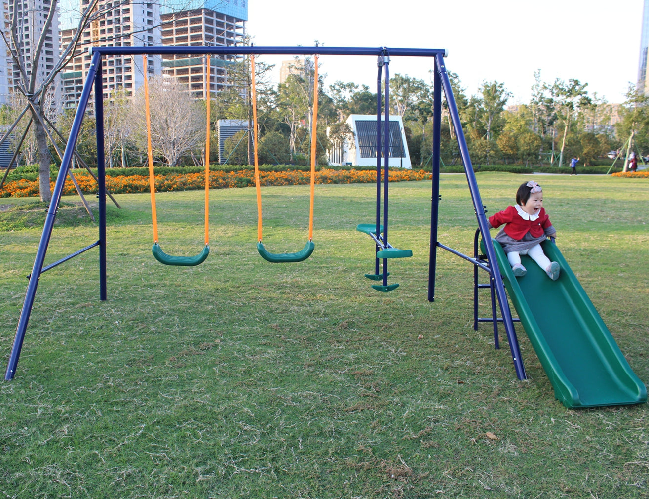 3 in 1 Swing Set with Slide, Belt Swing & Glider - Blue