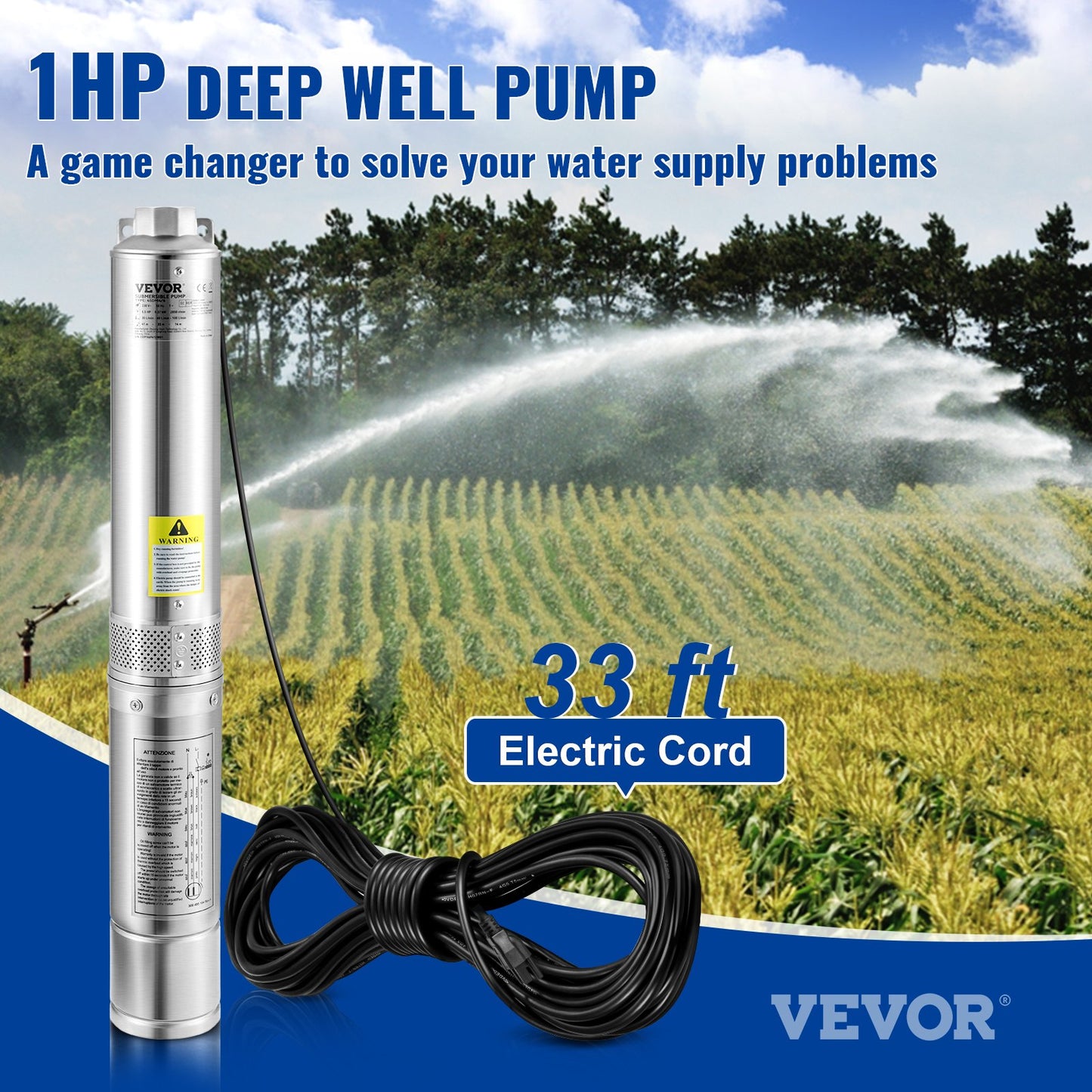 Deep Well Submersible Pump 1HP 115V Stainless Steel Water Pump 37 GPM 207 Ft Head