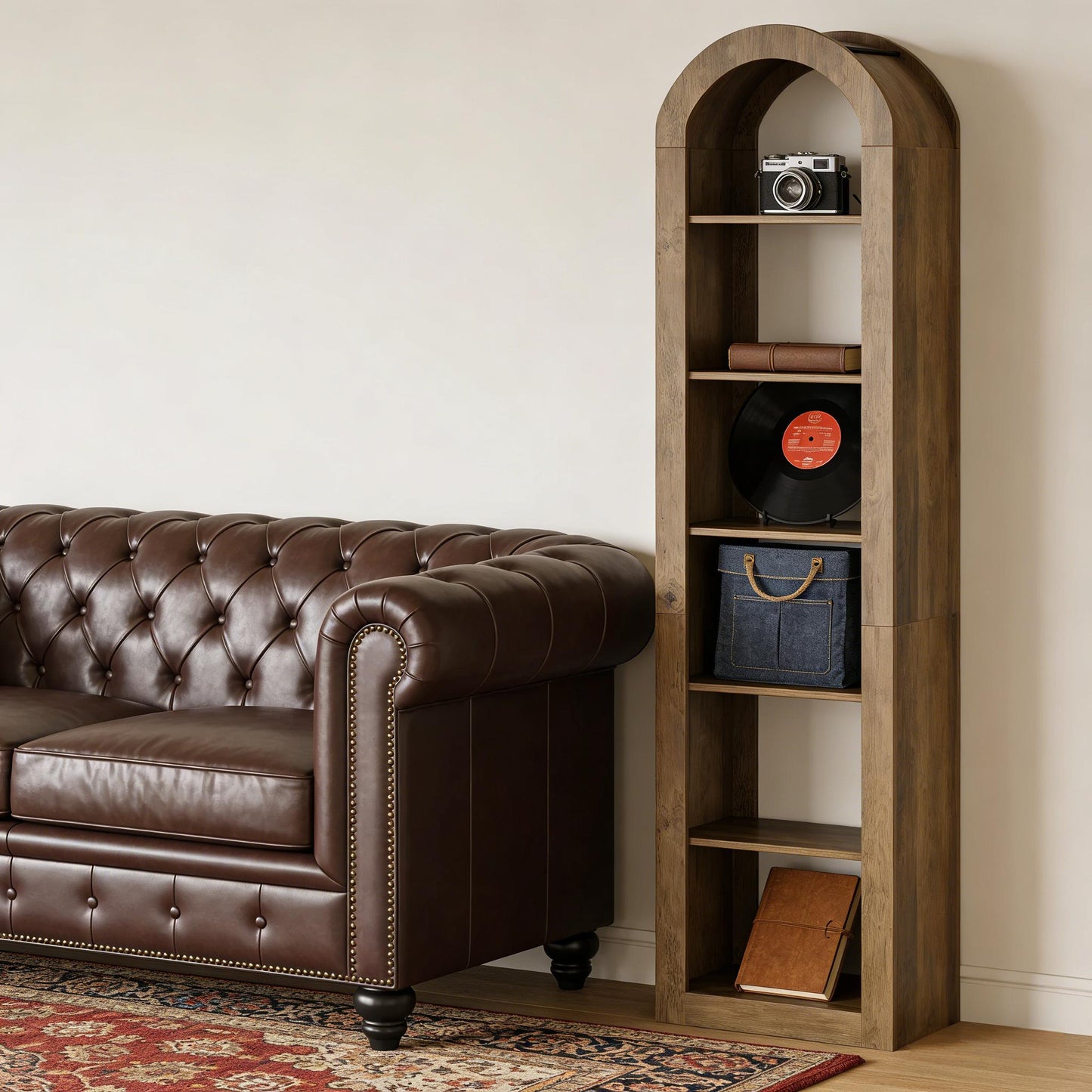 Arched Open Bookcase - 6-Tier Rustic Display Shelf, Brown
