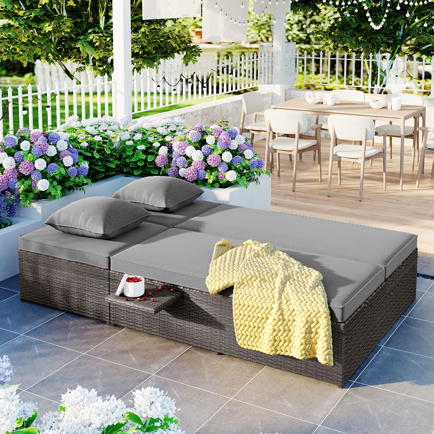 Outdoor Double Sunbed - Wicker Rattan Reclining Chairs for 2, Gray