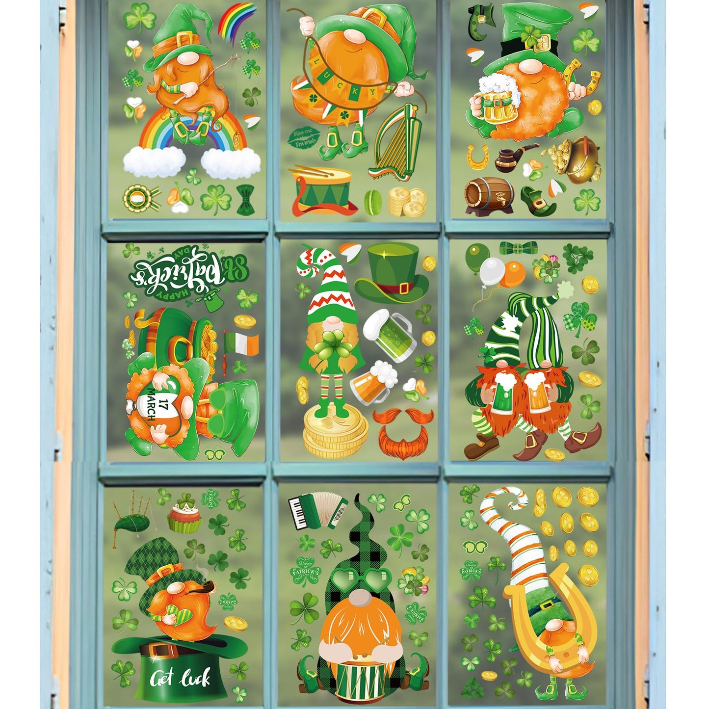 St. Patrick's Day Gnome Window Decals - 9 Sheets of Reusable Clings
