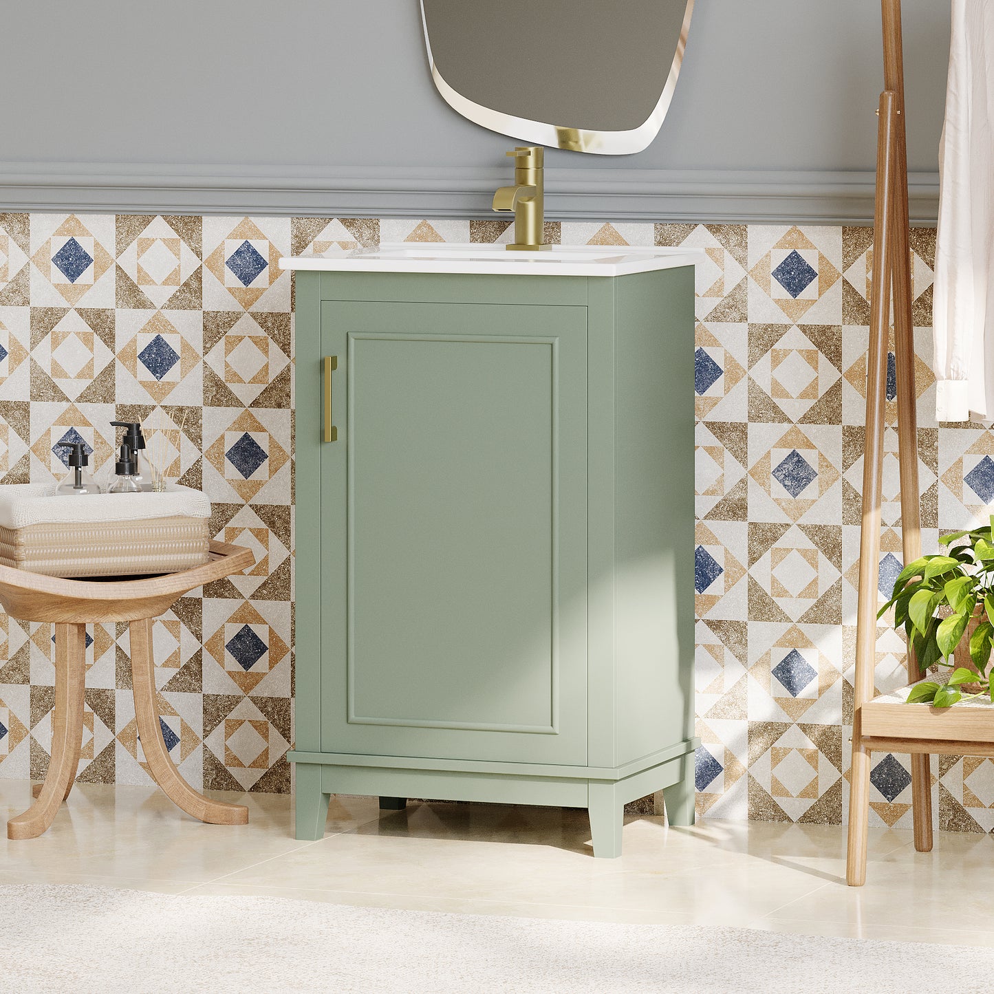 20 Inch Modern Green Bathroom Vanity Cabinet with Ceramic Basin
