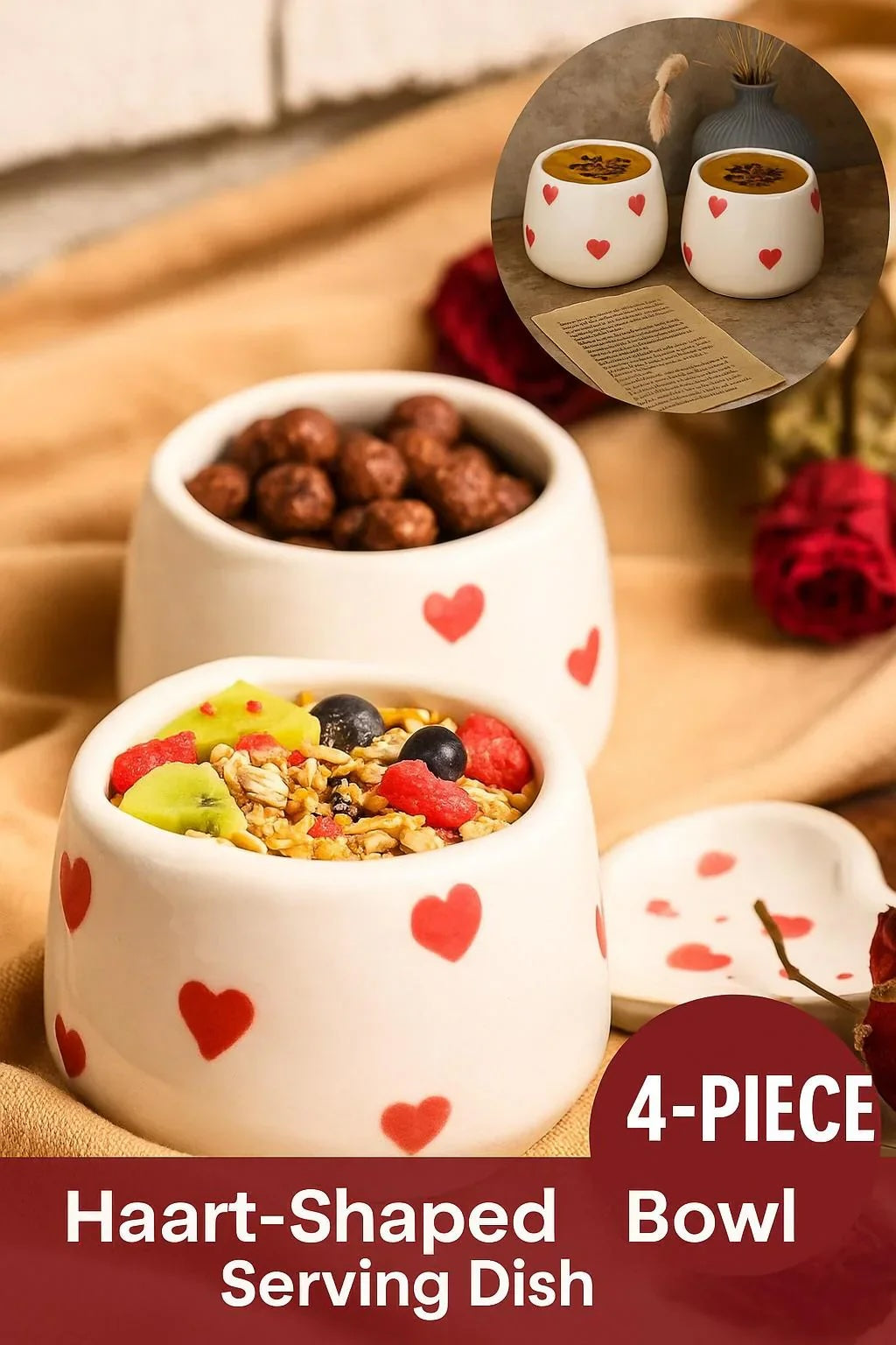 Handmade Ceramic Heart Bowl Set - Romantic Kitchen Decor, 4 pcs, 300ml