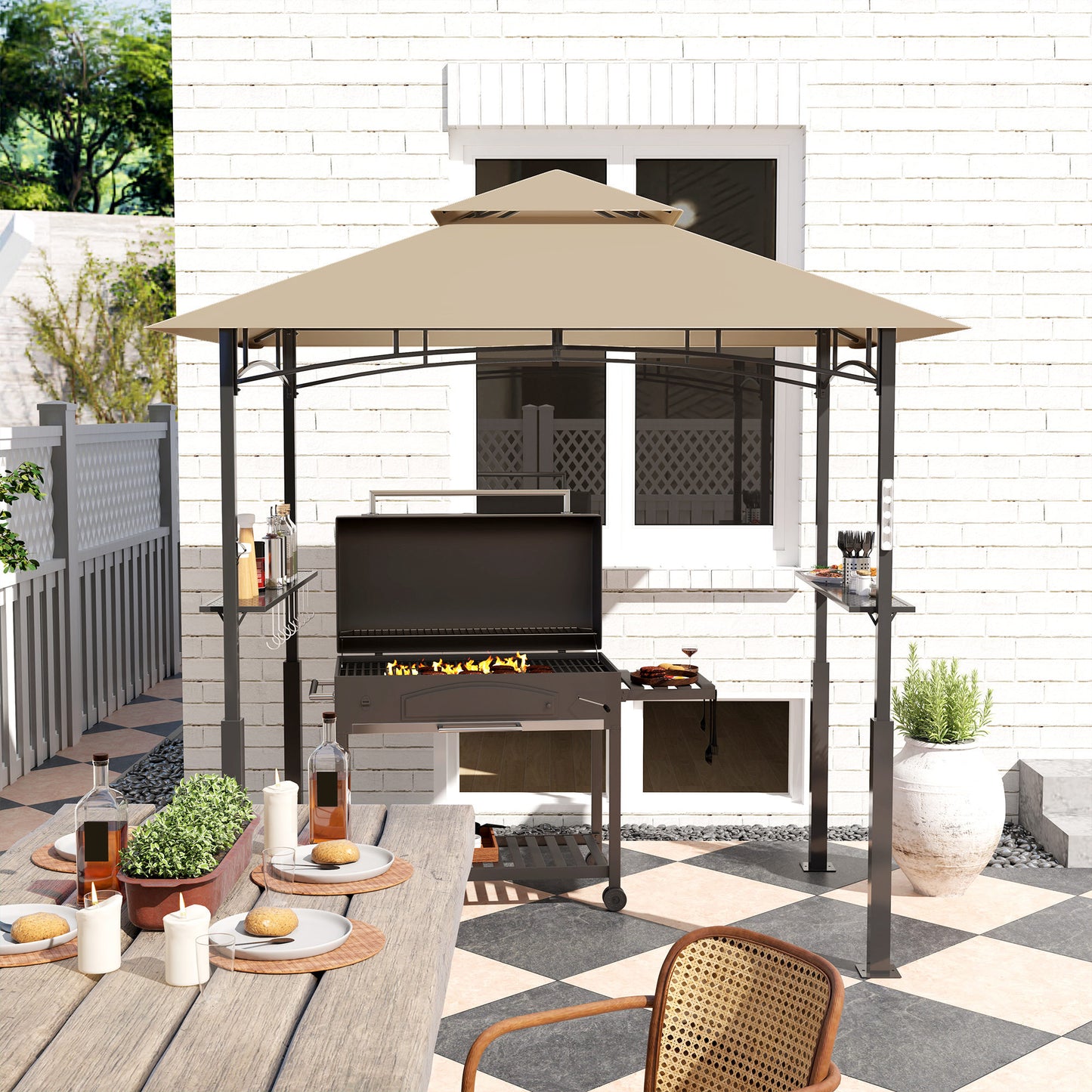 Grill Gazebo with LED Light & Side Shelves - Khaki