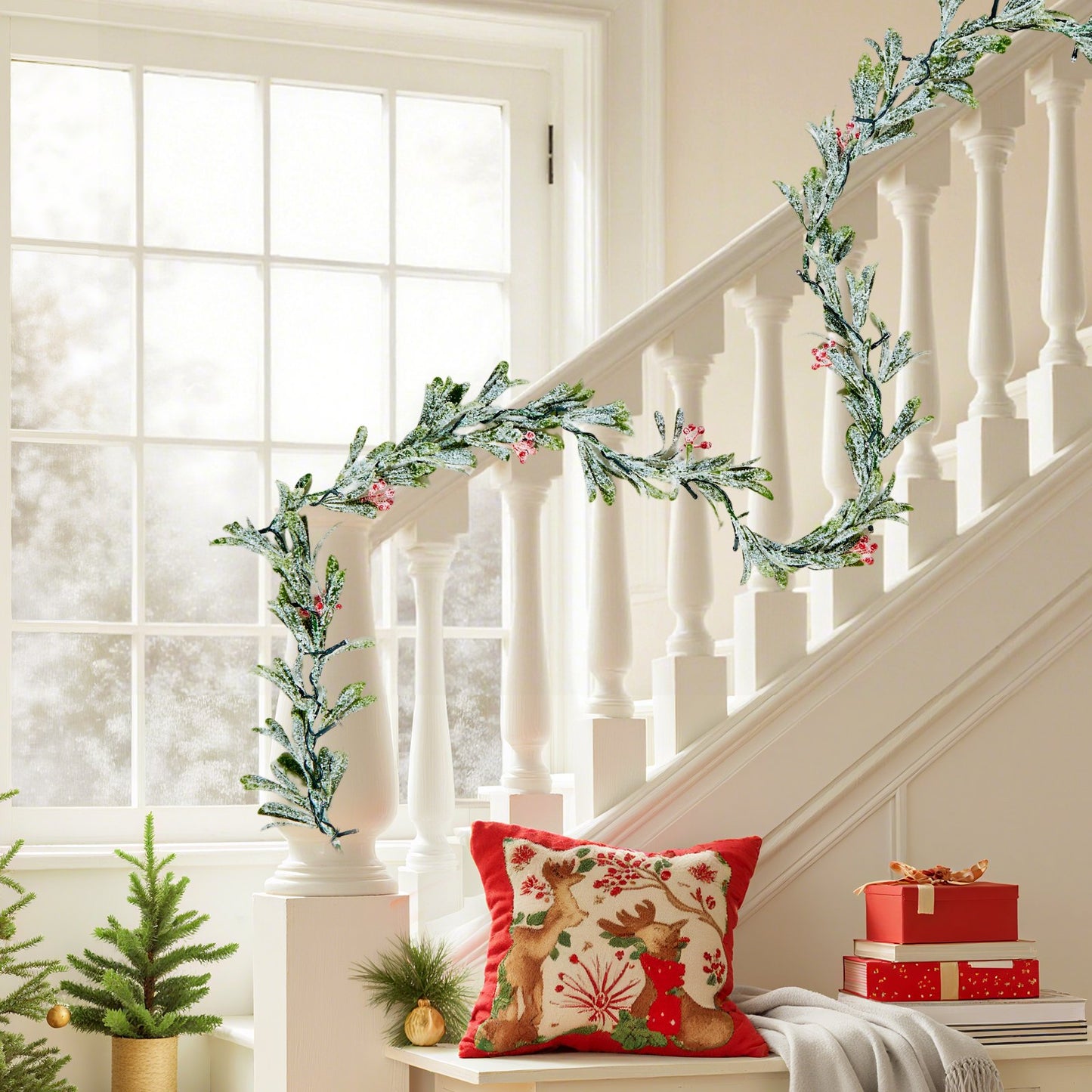6.6Ft Christmas Garland with Vines, Olive Leaves, Berries & Warm White LED Lights